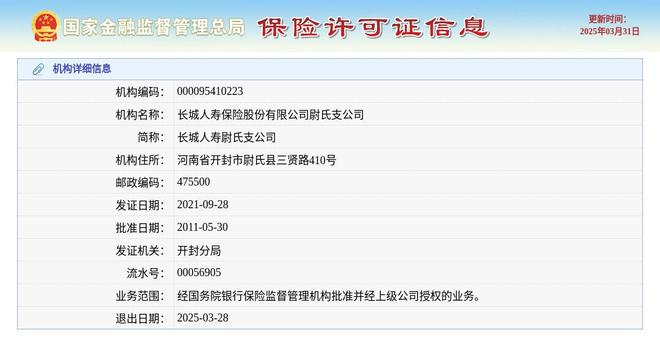 支公司获准退出退出日期2025年3月28日九游会j9ag长城